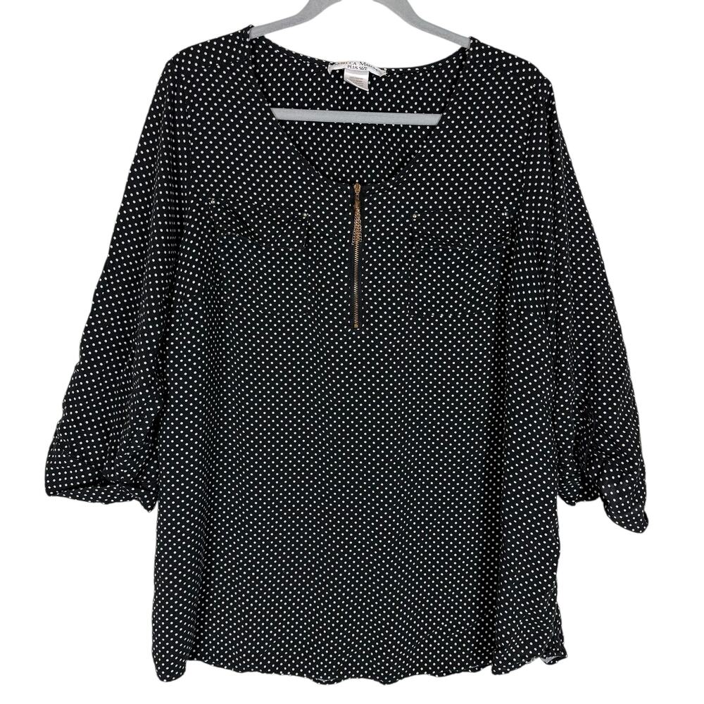 Rebecca Malone Top Women 1X Black Polka Dot Rayon Roll Tab Sleeve Front 1/4 Zip